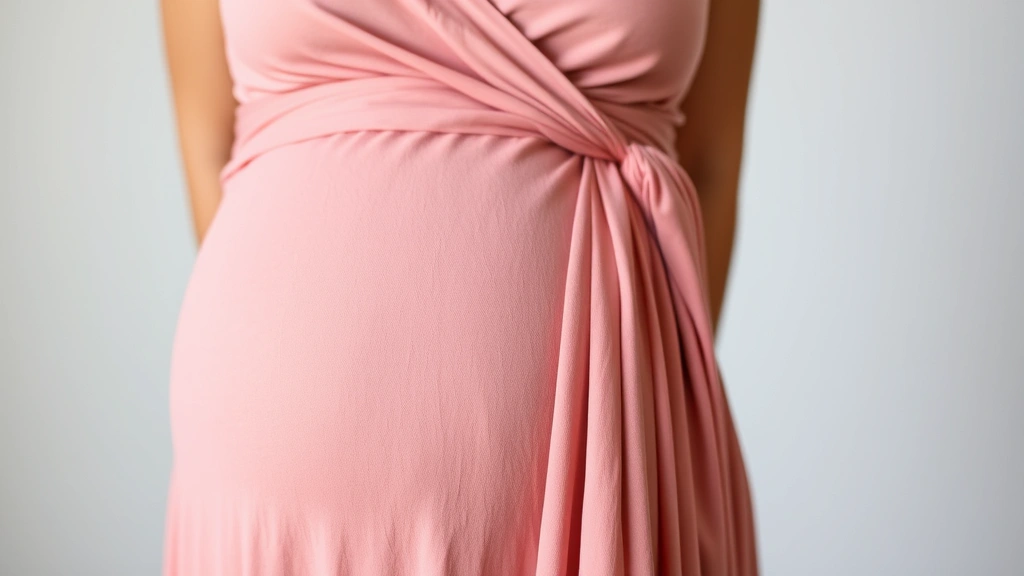 Close-up of pregnant woman's torso wearing a beautiful wrap maternity dress in dusty rose, showcasing the flattering neckline and draped fabric against her growing bump