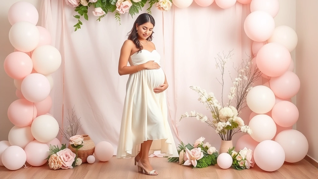 Expectant mother posing in a flowing A-line maternity dress in cream color with delicate jewelry and elegant flat shoes, standing near soft pastel baby shower decorations