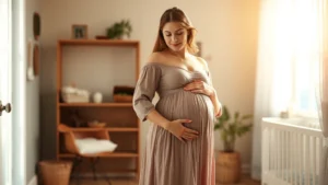 Pregnant woman in flowing dress standing in sunlit nursery, hands on belly, peaceful expression, soft natural lighting, warm atmosphere