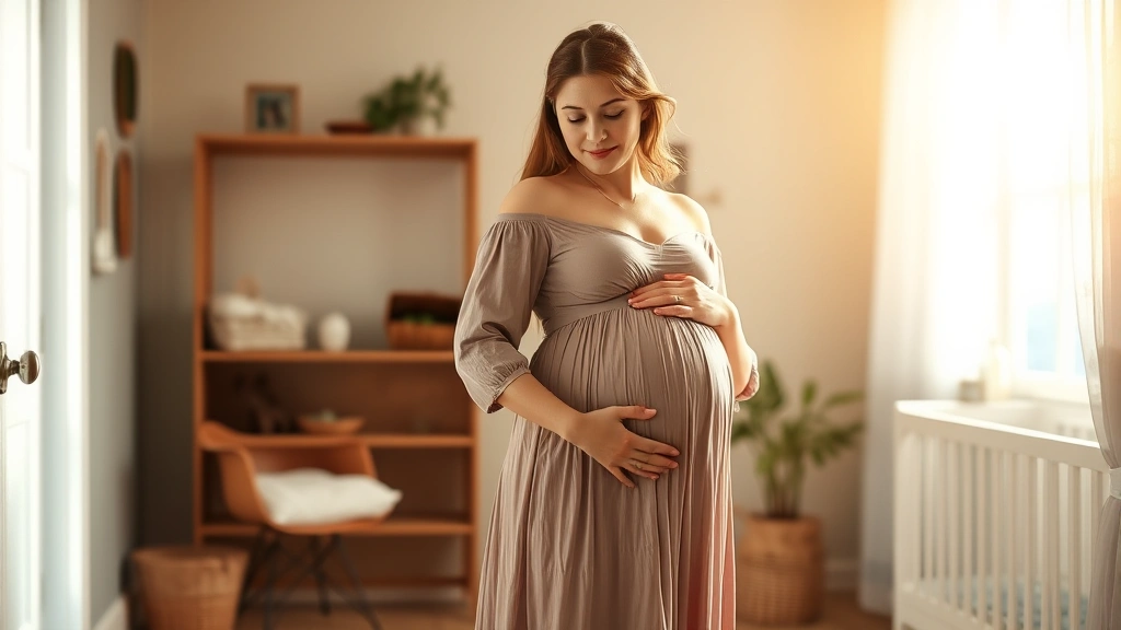 Pregnant woman in flowing dress standing in sunlit nursery, hands on belly, peaceful expression, soft natural lighting, warm atmosphere