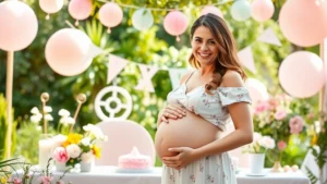 Expectant mother holding her belly at a garden baby shower, surrounded by soft pastel decorations and flowers, smiling warmly, natural daylight