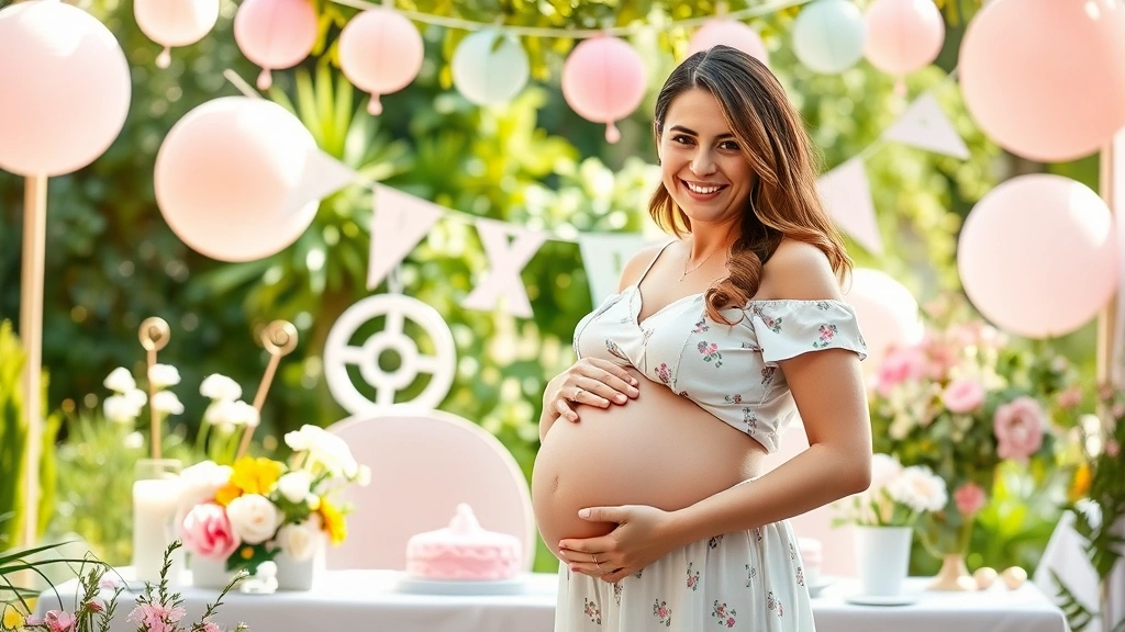Expectant mother holding her belly at a garden baby shower, surrounded by soft pastel decorations and flowers, smiling warmly, natural daylight