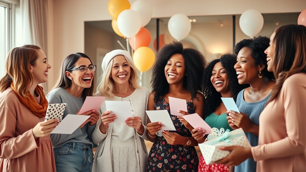 Group of diverse friends laughing together at baby shower, holding cards and gifts, celebrating indoors with warm lighting and balloons in background