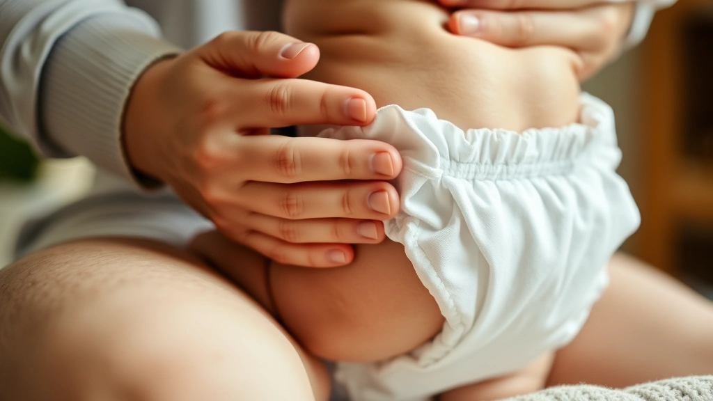 Close-up of an infant in a diaper being changed by a parent, showing tender caregiving moment with soft natural lighting