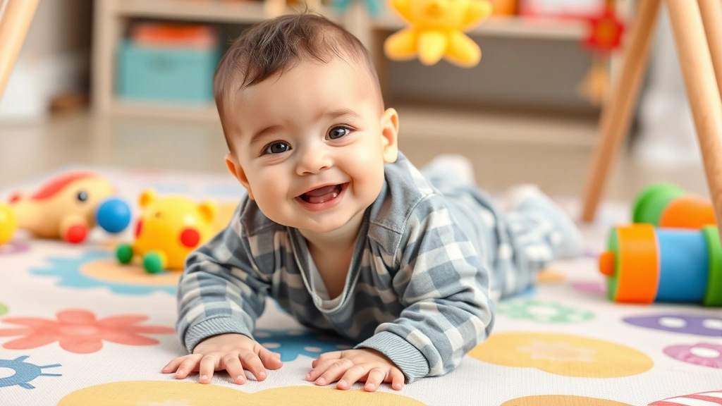 Happy healthy baby playing and smiling on a colorful play mat, surrounded by age-appropriate toys and soft textures
