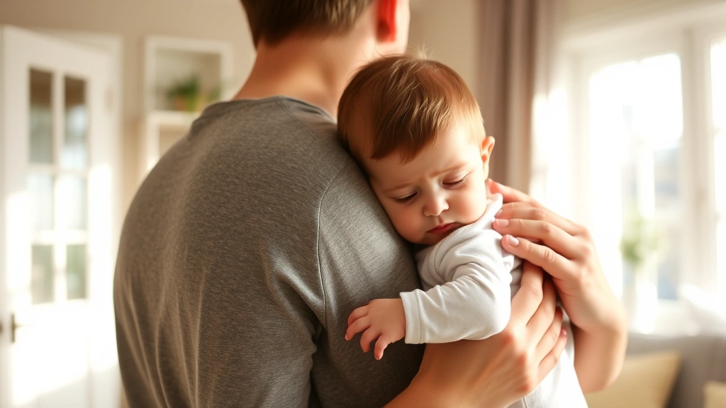 Parent holding and comforting a fussy baby against their shoulder in a warm, nurturing home setting with soft afternoon light