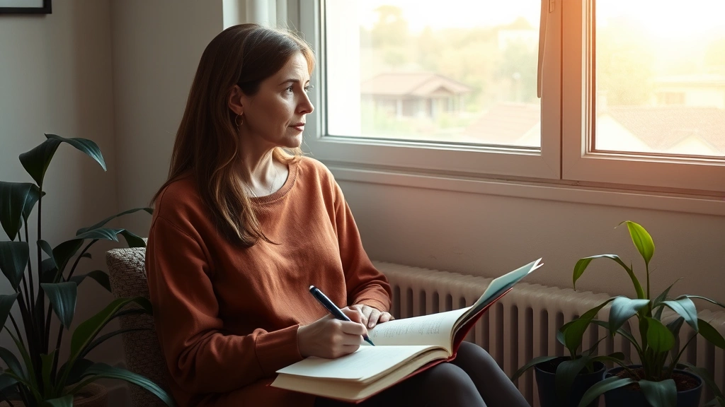 A thoughtful woman sitting by a window with morning light, journal open on her lap, pen in hand, looking contemplative and peaceful, surrounded by plants