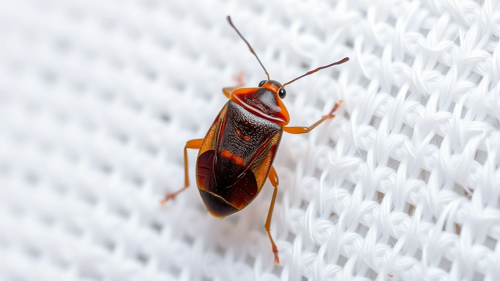 Close-up macro photography of a bed bug on white fabric, showing detailed body structure and coloring, photorealistic style