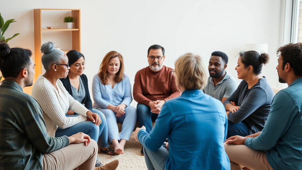 A diverse group of parents sitting in a supportive circle during what appears to be a therapy or support group session, showing empathetic listening and connection