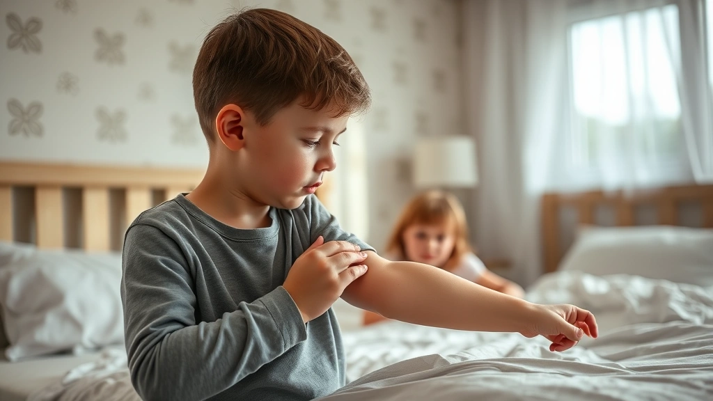 Parent checking child's arm for bed bug bites in morning light, concerned expression, realistic family bedroom setting