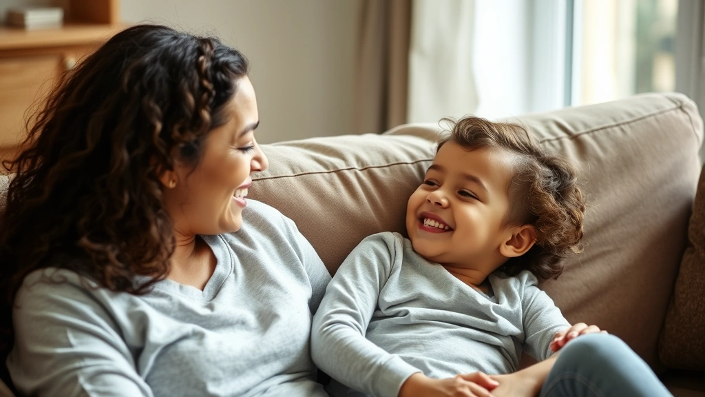 A mother and child having a calm, connected conversation on a couch, both smiling, with warm natural lighting creating an atmosphere of safety and trust