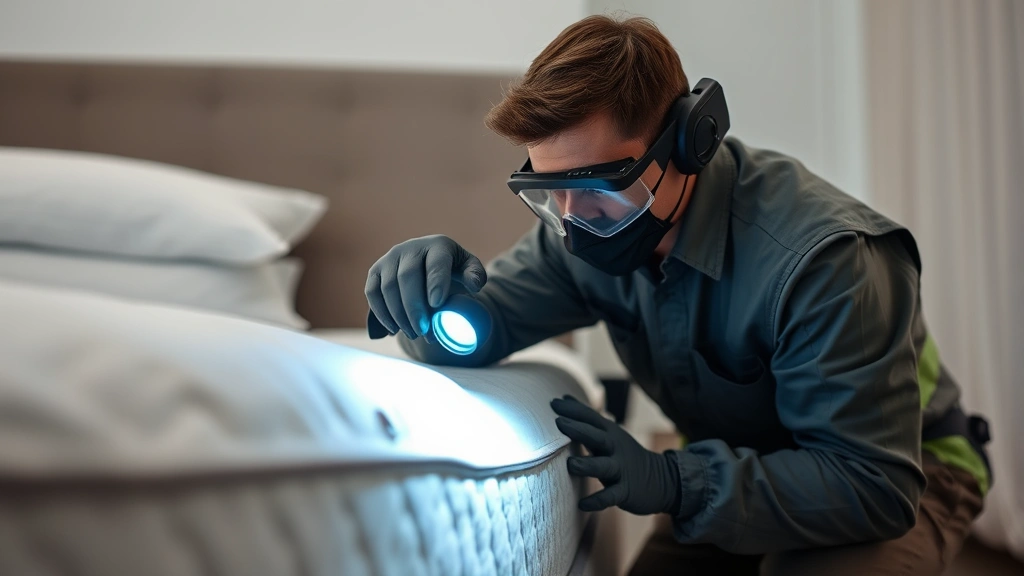 Professional pest control technician inspecting mattress seams with flashlight, protective gear, detailed inspection scene