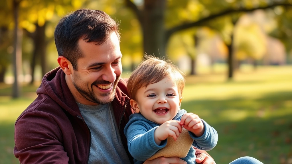A father and young child playing together outdoors in a park, both smiling and engaged, natural lighting, warm atmosphere, showing genuine connection and joy
