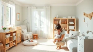 Peaceful nursery room with soft natural lighting, comfortable furniture, organized shelving with baby items, parent holding infant peacefully
