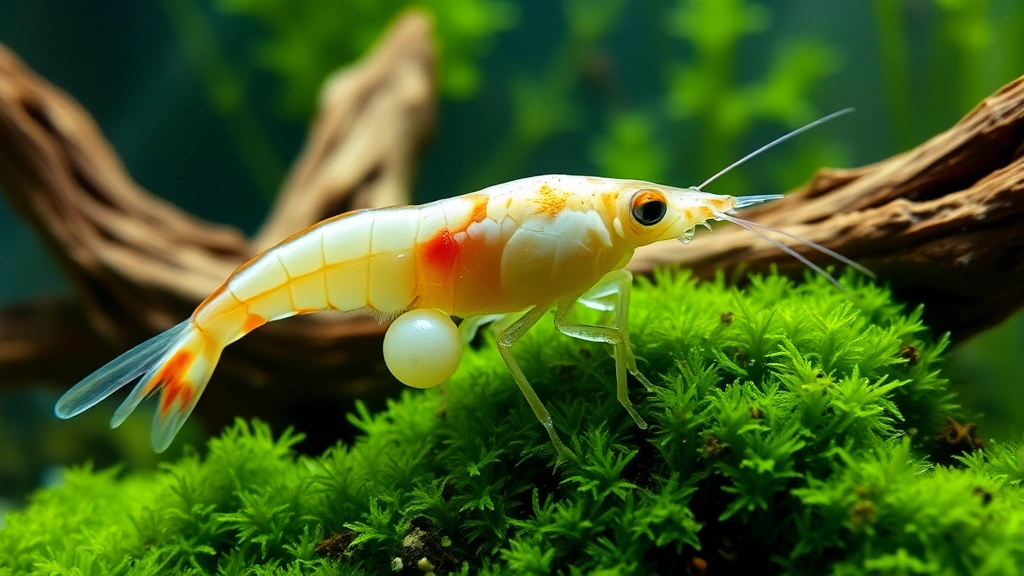 Close-up of a female freshwater shrimp with visible eggs under her tail, in a planted aquarium environment with green moss and driftwood