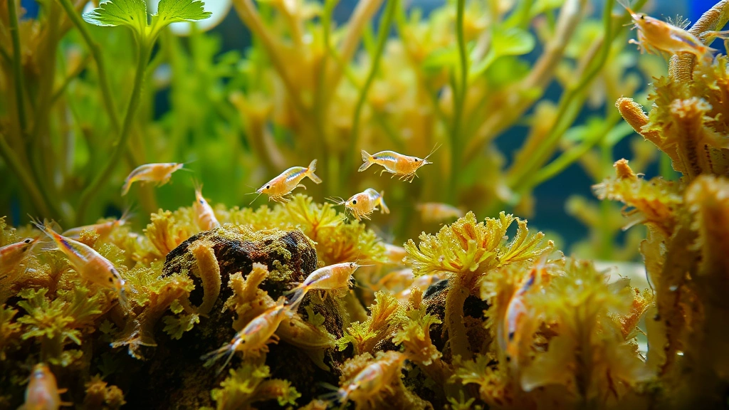 Underwater scene showing multiple small transparent baby shrimp among dense aquatic plants and biofilm-covered surfaces in a well-established tank