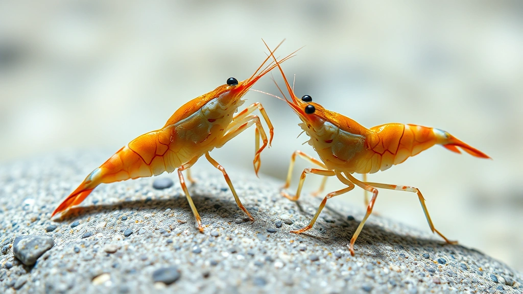 Detailed macro photograph of adult male and female shrimp near each other on a smooth rock, displaying natural courtship and mating behavior in clear water