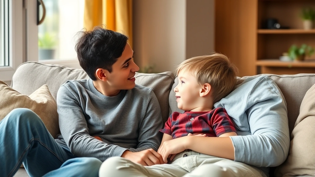 A parent and young child sitting together on a comfortable couch, engaged in conversation with genuine eye contact and attentive body language, warm natural lighting from a window