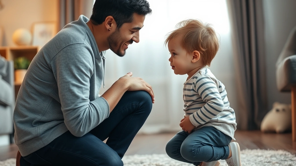 A parent kneeling down to child's eye level during an emotional moment, both showing genuine connection and understanding, soft indoor lighting with warm tones