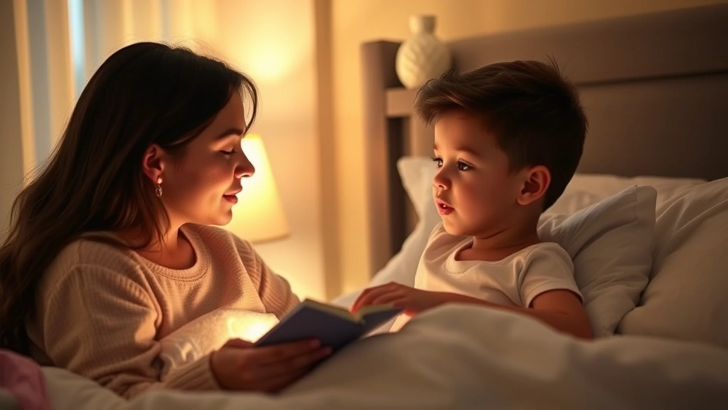 Parent singing softly to child at bedtime, warm lamplight, peaceful bedroom setting, intimate moment of comfort and care