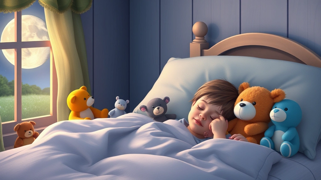 Child sleeping peacefully in cozy bed surrounded by stuffed animals, moonlight through window, serene and safe atmosphere