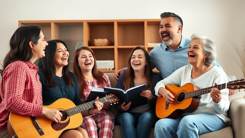 Multi-generational family singing together in living room, joyful expressions, musical instruments nearby, warm family bonding moment