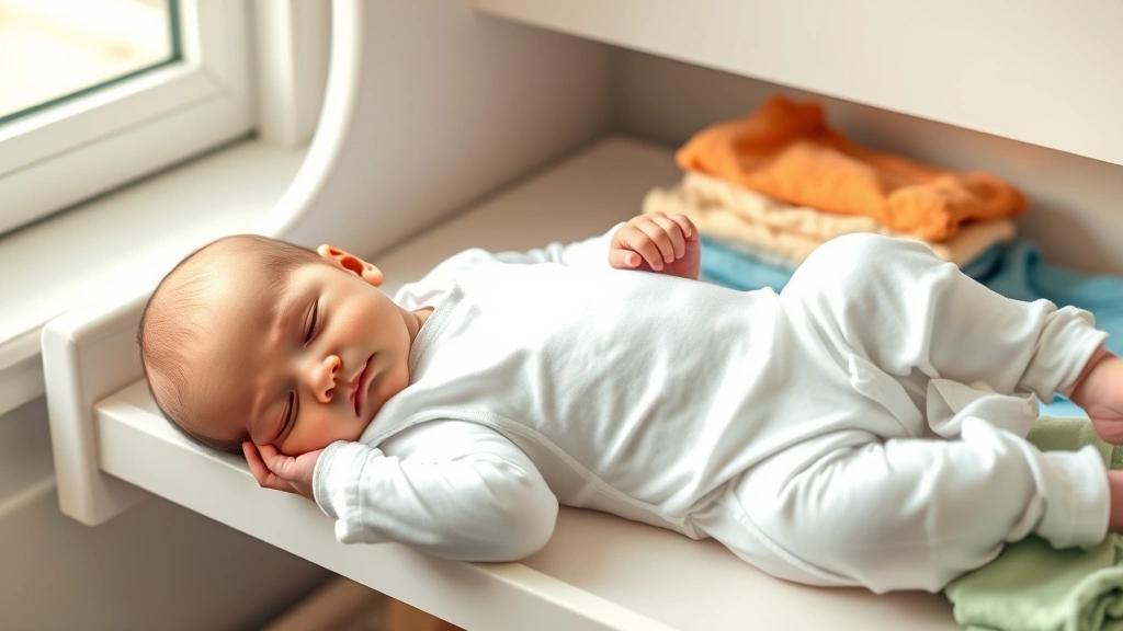 Newborn baby peacefully sleeping in a soft white onesie, surrounded by folded colorful onesies on a nursery shelf, natural morning light streaming through window
