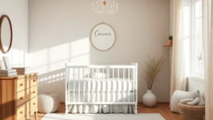 Serene nursery with soft natural lighting, elegant crib with neutral bedding, wooden furniture, and gentle morning sunlight streaming through windows, peaceful and welcoming atmosphere