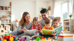 A mother and father smiling while playing with three young children in a bright, sunlit living room filled with toys and books, capturing the warmth of family life.