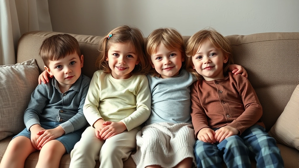 Four children of varying ages sitting together on a couch, showing genuine sibling affection and connection, natural lighting, candid family moment.