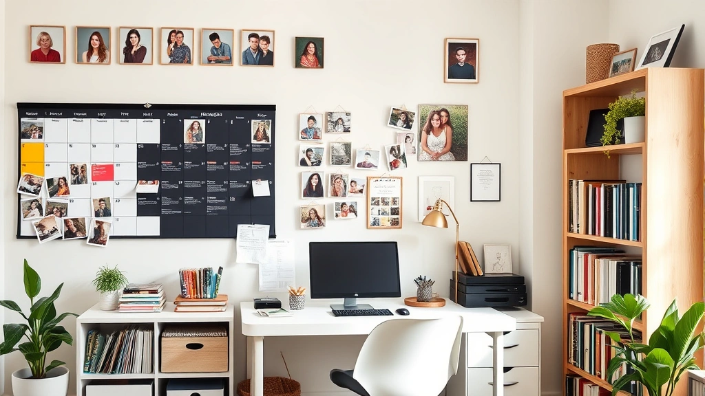Organized family home office with color-coded calendar, family photos on wall, storage solutions, books on shelves, plants, natural light, calm and structured environment