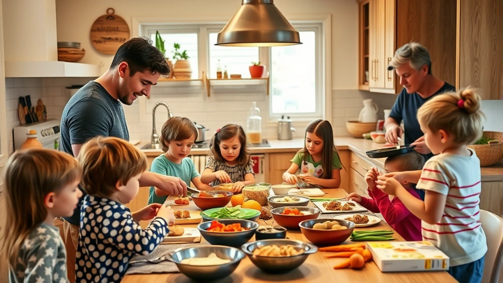 A busy family kitchen scene with parents and children preparing a meal together, organized chaos showing daily life with multiple children, warm and inviting atmosphere.
