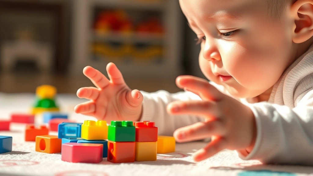 Close-up of a baby's hands reaching toward colorful building blocks on a soft play mat, natural daylight streaming across the scene, peaceful and engaged expression on baby's face