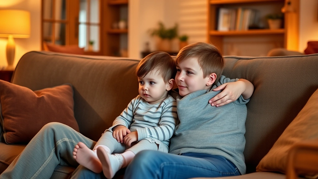 Parent and toddler sitting together on a cozy couch watching television, warm living room setting, both looking at screen, parent's arm around child in supportive pose