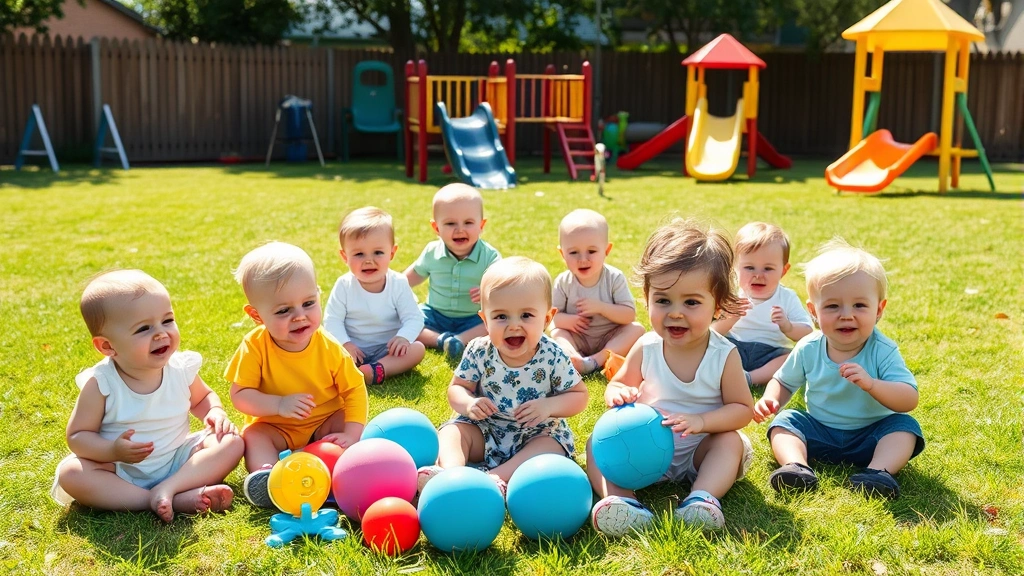 Diverse group of babies and young toddlers playing on a grassy outdoor area with toys, balls, and playground equipment, bright sunny day, various expressions of joy and engagement