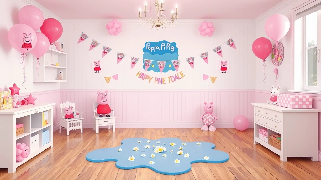Cheerful toddler room decorated in soft pink and white with Peppa Pig-themed balloons and bunting, featuring a blue puddle-shaped decoration on the floor with white flowers around it