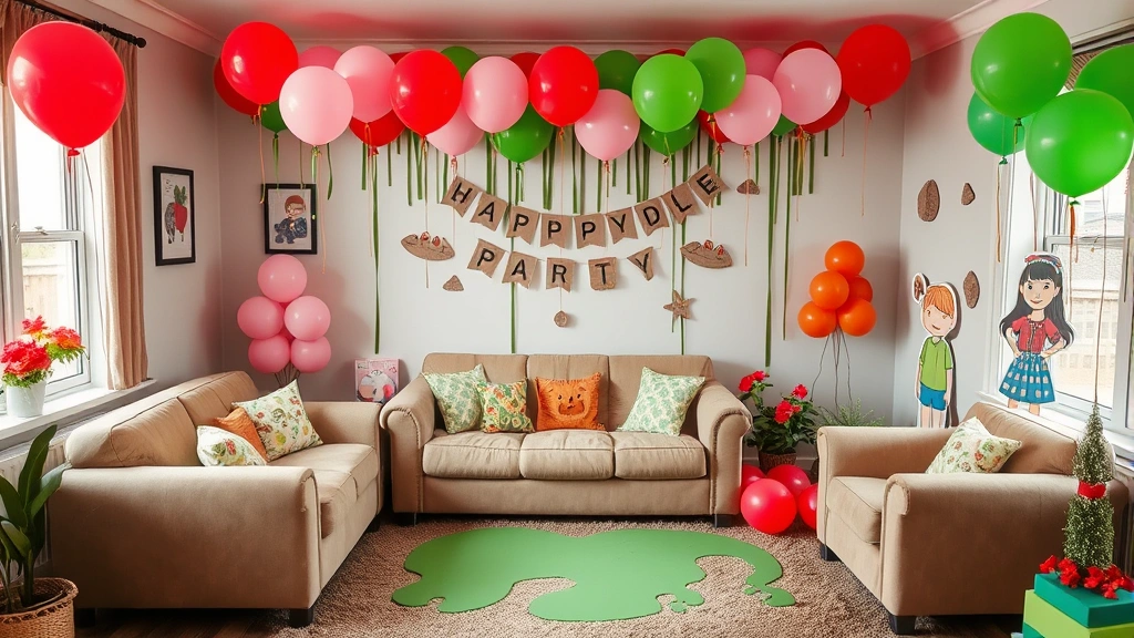 A cozy living room decorated with red and pink balloons, green and brown muddy puddle-themed decorations, and character cutouts for a children's party celebration