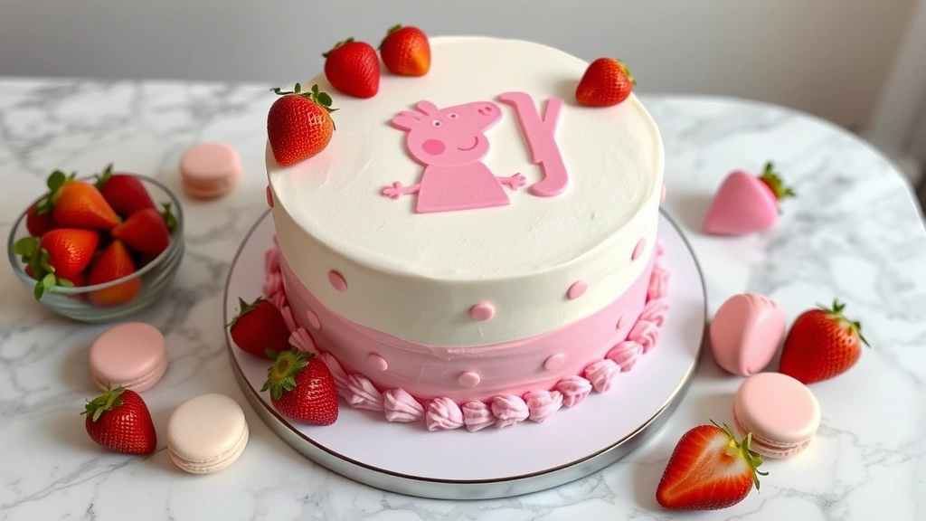 Elegant gender reveal cake decorated with pink and white frosting, Peppa silhouette design, surrounded by fresh strawberries and macarons in coordinating colors on a marble table
