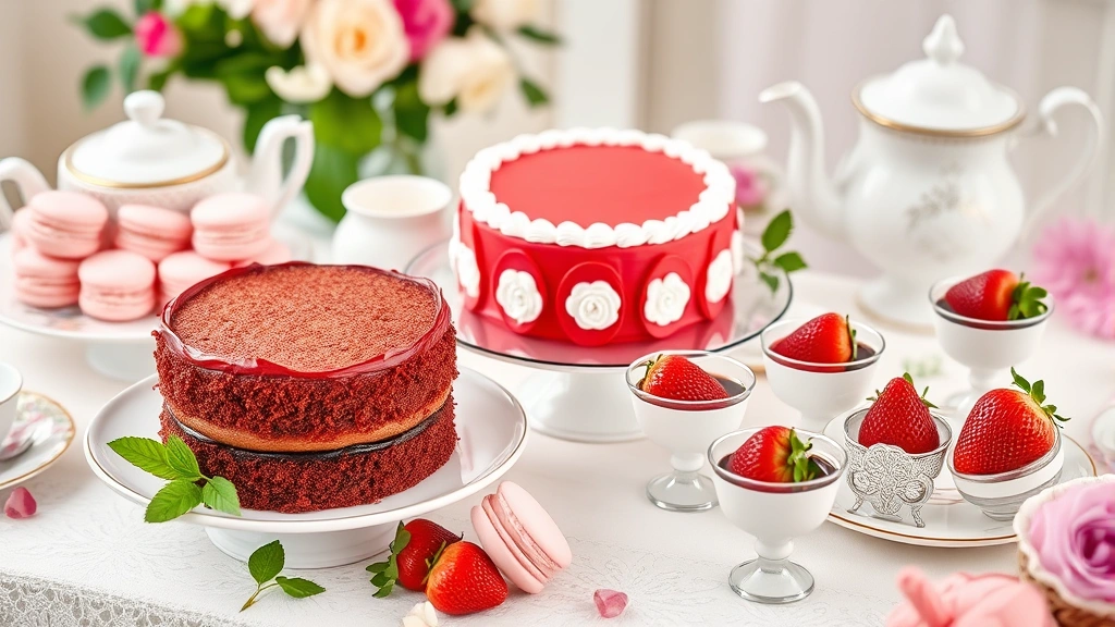 A beautifully decorated dessert table with a red-frosted cake, pink macarons, chocolate pudding cups, strawberries, and tea service for an afternoon celebration
