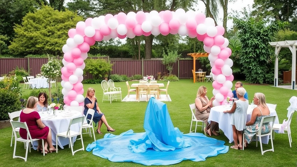 Outdoor garden party setup with pink and white balloon arch, pastel table settings, and a blue fabric puddle decoration as centerpiece with guests gathered around in celebration