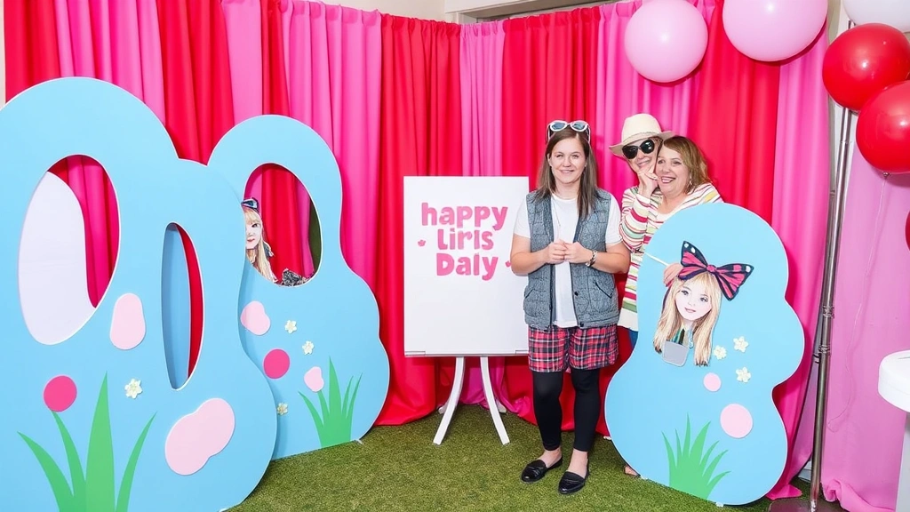 A festive photo booth corner with oversized puddle cutouts, red and pink backdrops, and playful party props ready for guests to take pictures