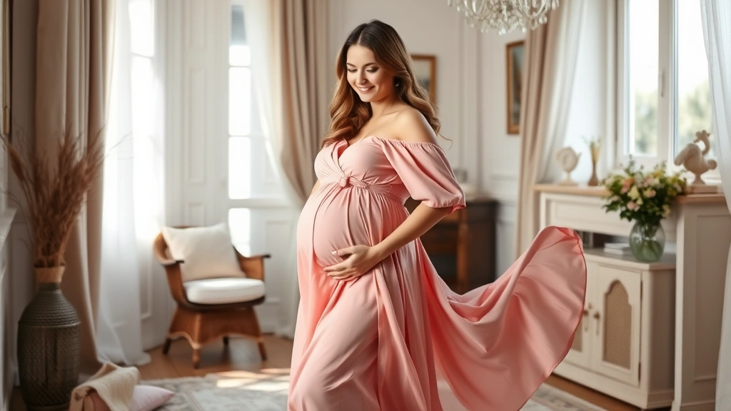 Expectant mother in flowing blush pink maternity dress standing in elegant nursery with soft natural lighting, hand gently on belly, serene and joyful expression