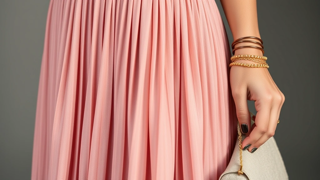 Close-up of dusty rose A-line dress fabric texture with delicate pleating details, styled with gold jewelry and neutral accessories on model