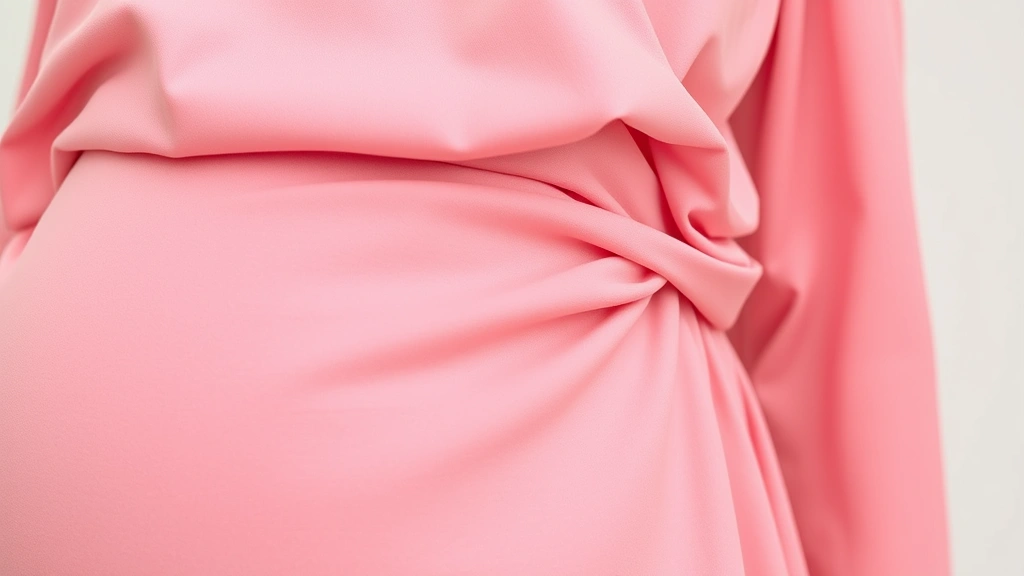 Close-up of luxurious pink fabric texture showing empire waist maternity dress construction, soft folds and drape demonstrating quality tailoring and comfort