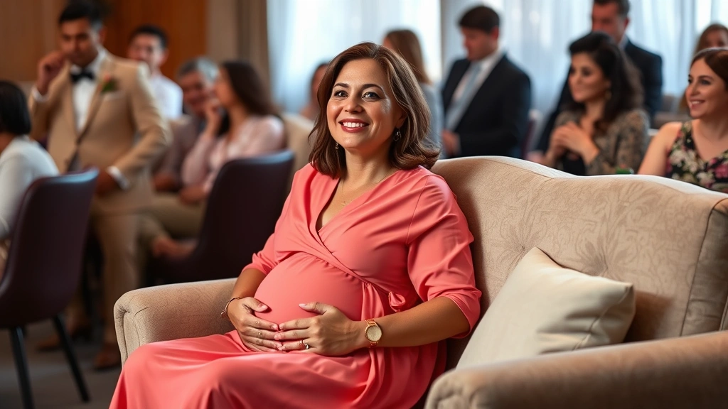Expectant mother in coral pink wrap dress sitting comfortably on plush seating, radiating joy and confidence at celebration