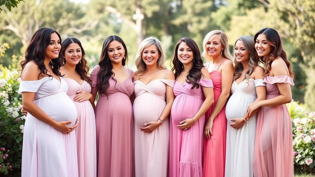 Group of pregnant women wearing various shades of pink dresses at outdoor baby shower celebration, smiling together, natural garden setting with flowers and soft afternoon light