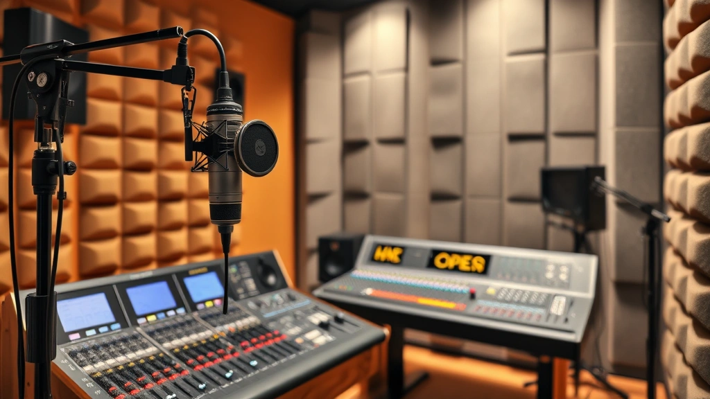 Professional studio recording setup with microphone, mixing console, and acoustic foam walls, photorealistic professional environment
