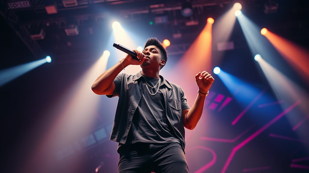 Young male rapper performing on stage with dramatic stage lighting, energetic performance pose, concert atmosphere