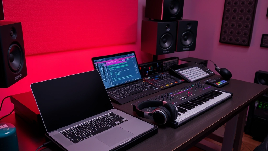 Music production workspace showing laptop, MIDI keyboard, studio monitors, and headphones on desk, professional setting