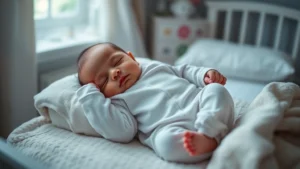 Tiny premature newborn sleeping peacefully in oversized soft cotton onesie, peaceful nursery setting with gentle lighting